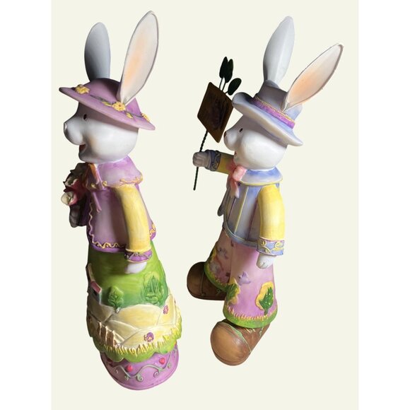 Easter Bunny Figurines Set Of 2 With Spring Details & Decorations - Picture 7 of 13